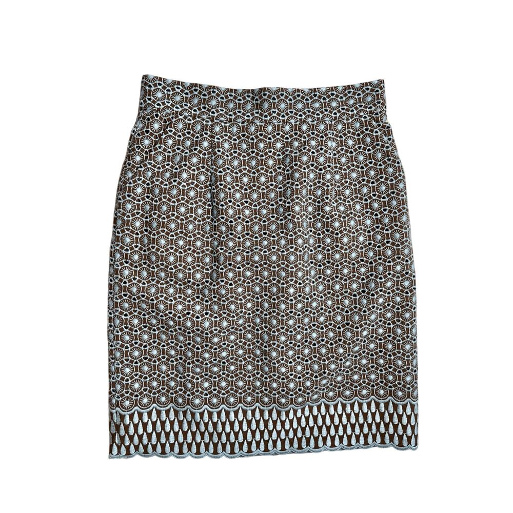 Antonio Melani Brown Blue Eyelet‎ Scallop Hem Straight Pencil Skirt sz 6